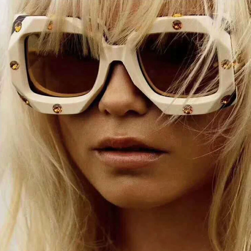 Koop PAWXFB Italiaanse Big frame Vierkante Diamanten Zonnebril Vrouwen Mannen Vintage Oversized 2019 Zonnebril Vrouw Man Oculos de sol Shades