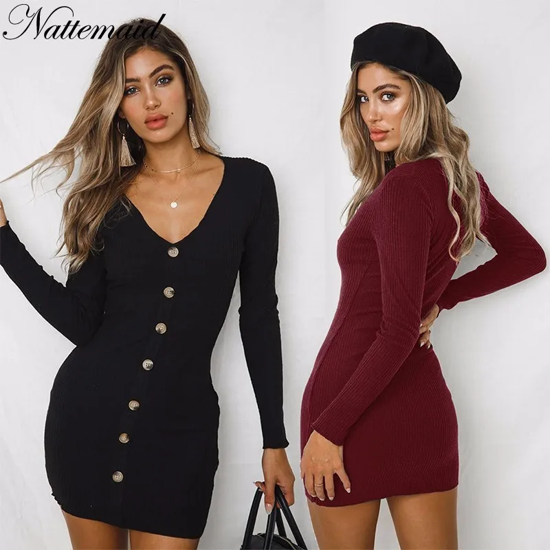 

NATTEMAID Full Sleeve V Neck Pencil Bodycon Dresses Women Knitting Sweater Red Black Dress 2018 Autumn Casual Sexy Mini Vestidos