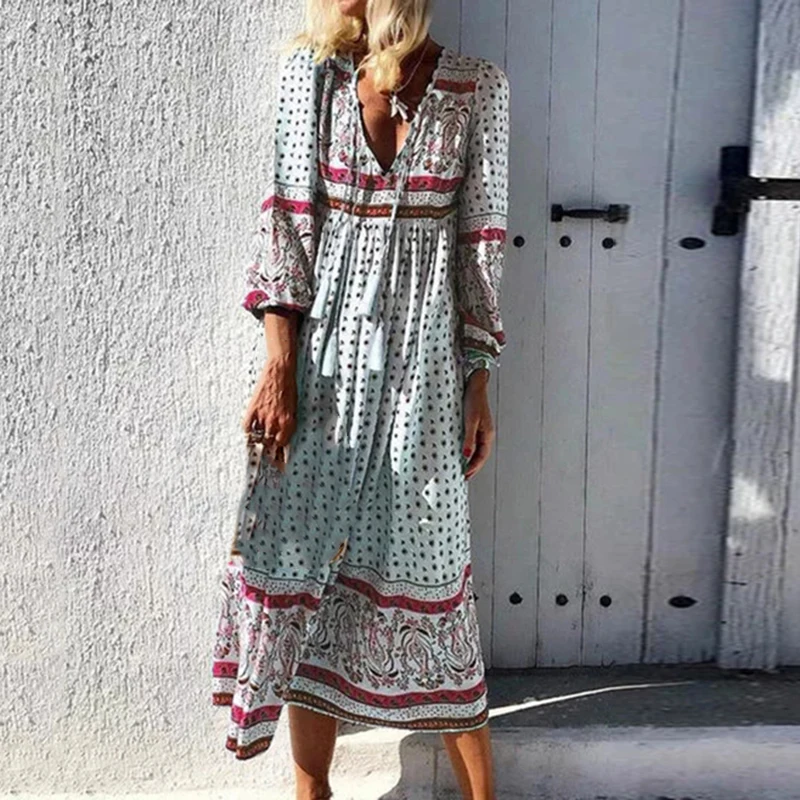 

Women Ethnic Boho Dress Holiday Summer Ladies V-Neck Casual Beach Loose Long Sleeve Print Holiday Vacation Home Maxi Dress