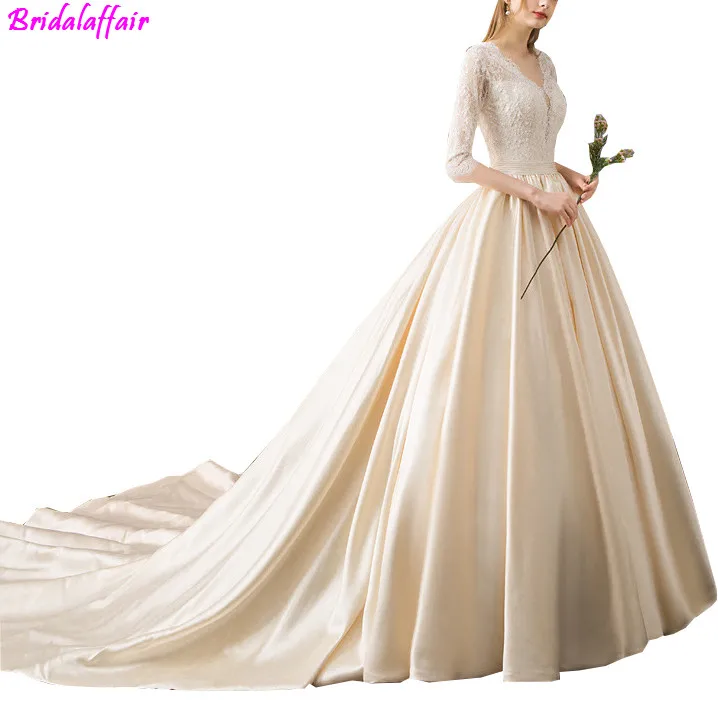 Стиль тонкое свадебное платье с коротким рукавом и v-образным вырезом, атласное простое белое свадебное платье с длинным шлейфом, vestido de casamento