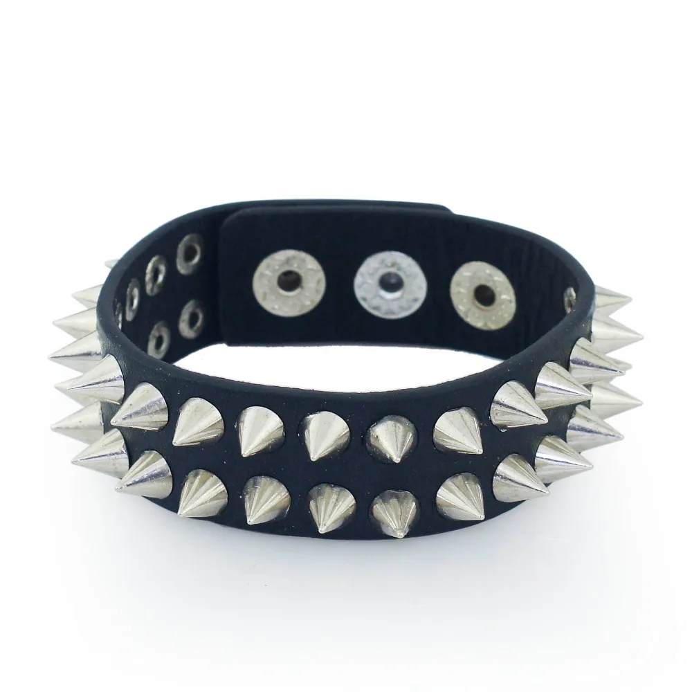 Gothic Delicate Cuspidal Spikes Rivet Cone Stud Cuff Black Leather bracelets & bangles Punk Bracelet for women men jewelry S266