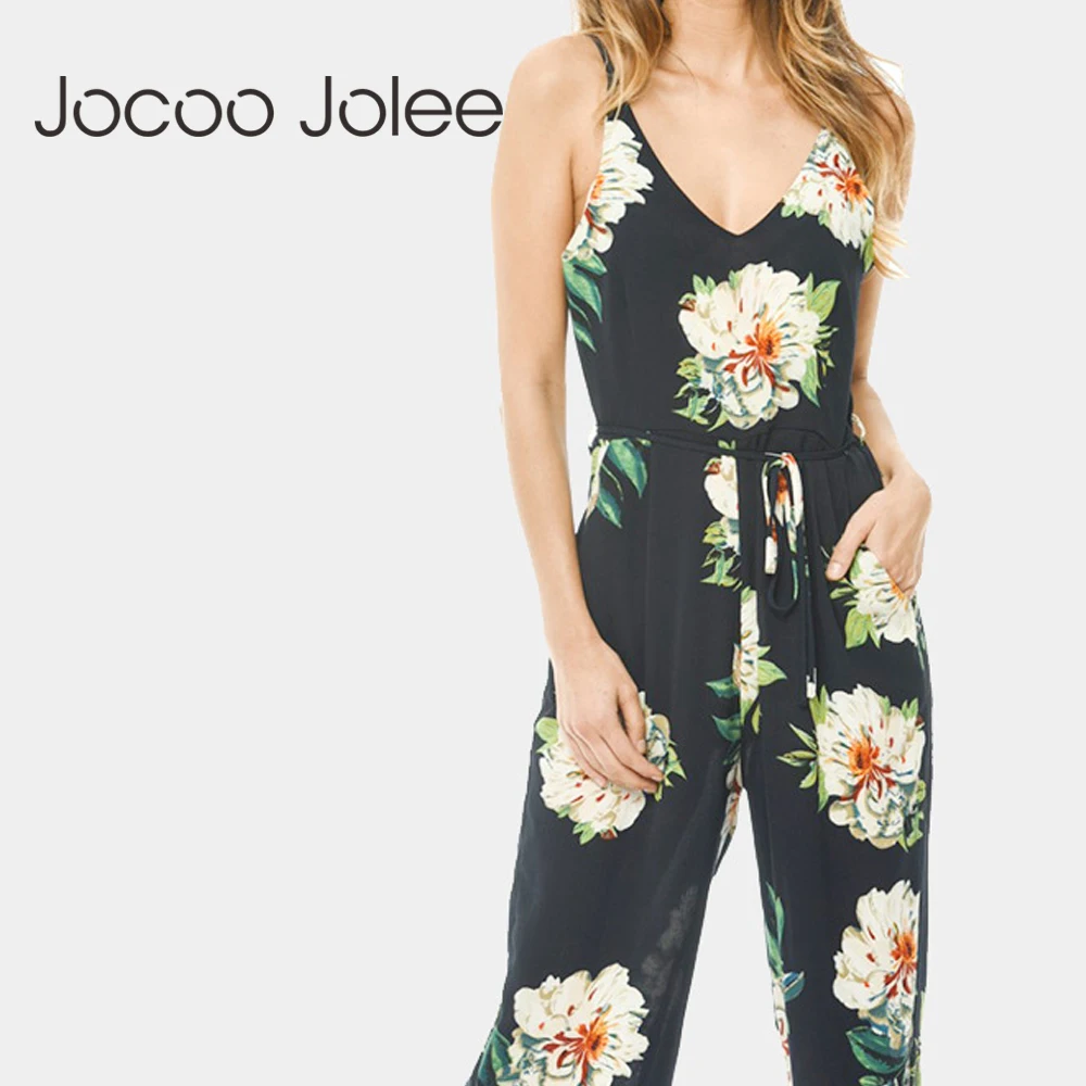 Jocoo Jolee Women V Neck Flower Print Jumpsuits Strap Backless Long Playsuit 2018 Lace up Summer Beach Wide Leg Jumpsuits Jumpsuits and Playsuits