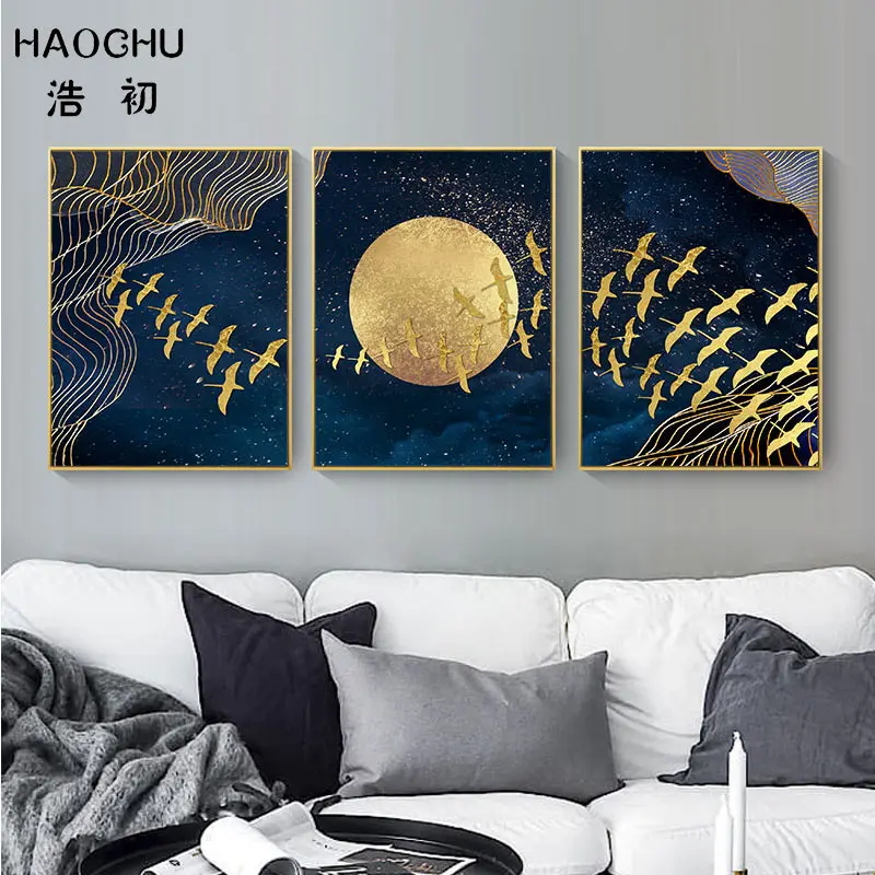 

HAOCHU New Chinese Style Golden Moon Bird Abstract Auspicious Art Poster Print Picture Home Decor Wall Sticker Canvas Painting