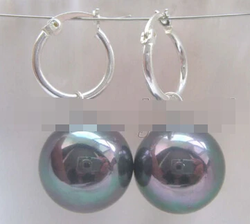 

hot sell new - -hot 13377 16mm bright black perfect round sea shell pearl earring - 925 silver hoop