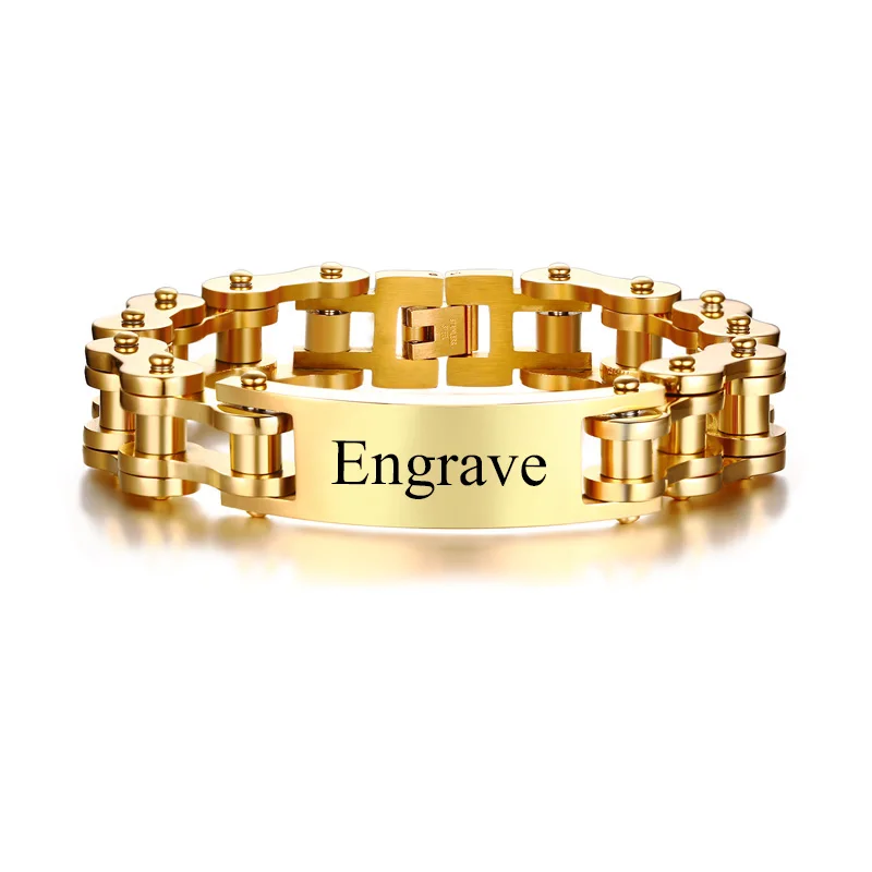 Gold with engrave Запись 12 мм ID браслет для мужчин золотой тон велосипед из нержавеющей стали цепь 9,2" Pulseira Masculina - Окраска металла: Gold with engrave