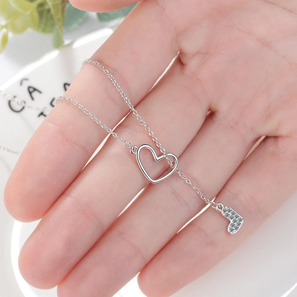 Anenjery Zircon Double Love Heart Adjustable Short Sweater Chain Necklace For Women 925 Sterling Silver Necklace S-N323