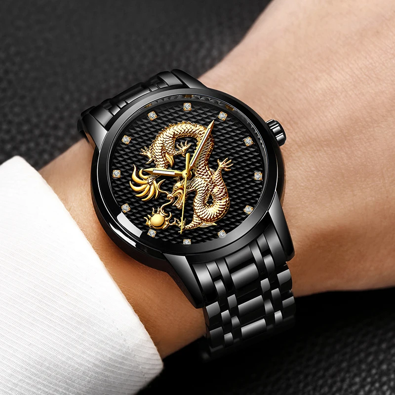 2021 LIGE New Golden Mens Watches Top Brand Luxury Chinese Dragon Watch Business Full Steel Quartz Clock Male Relogio Masculino