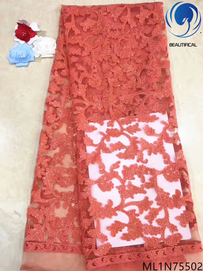 

Beautifical french lace fabrics Fashion orange embroidery net lace sequins fabric for dress 5yards french laces fabric ML1N755