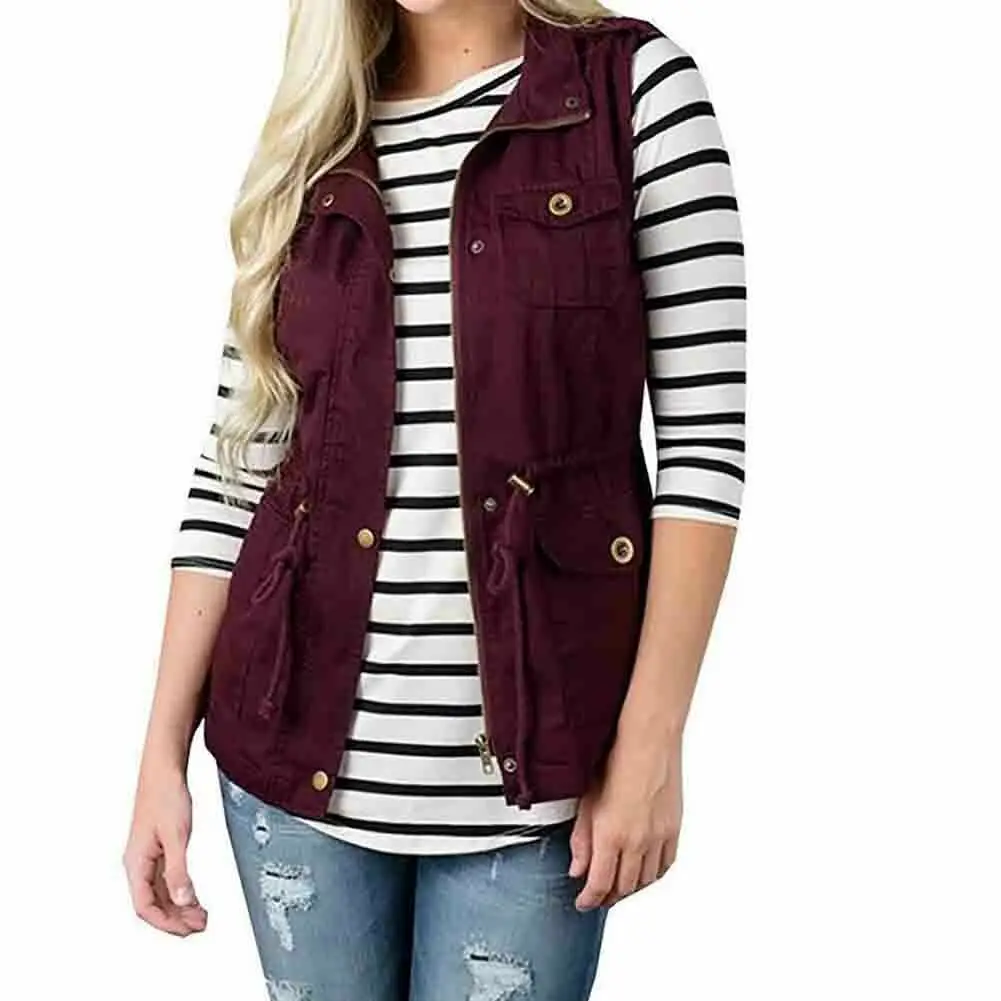 

Atunmn Dookingup Women Sleeveless Military Anorak Jacket Drawstring Button Down with Pocket Zipper Up Vest Coat