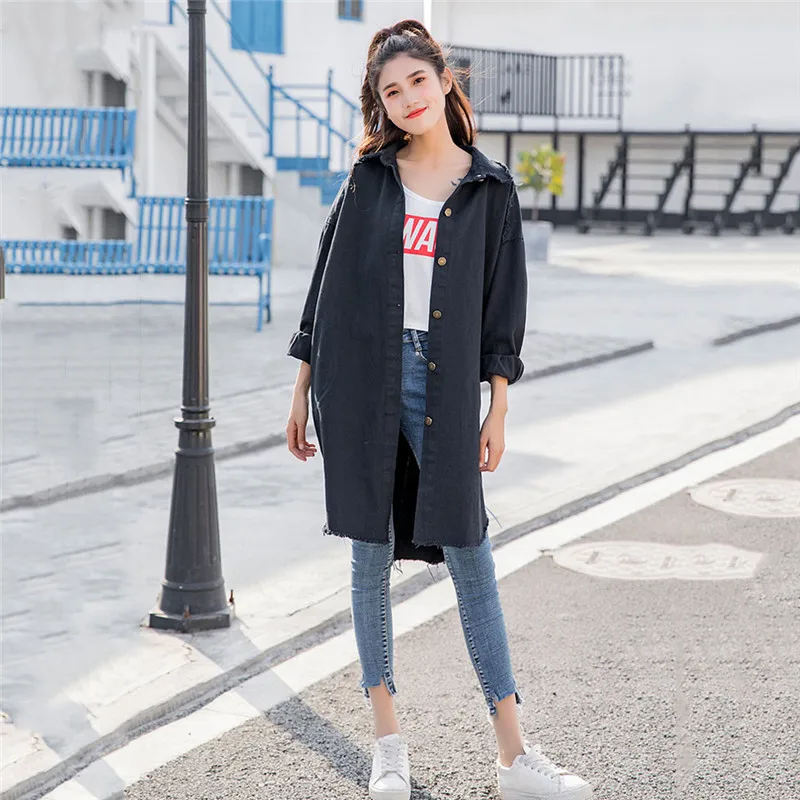 2019 Spring New Pattern Korean Print Turn-down Collar Long Cowboy Loose Single Breasted Coat Woman Windbreaker YH129 2019 Spring New Pattern Korean Print Turn-down Collar Long Cowboy Loose Single Breasted Coat Woman Windbreaker YH129