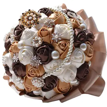 

Wedding Bouquet Artificial Pearls and Crystal Sparkle Rhinestones Satin Ribbon Roses Flowers Bridal Bouquet for Wedding