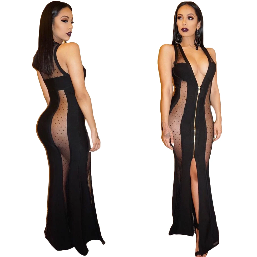 New Sexy Women Maxi Dress Sheer Mesh Deep V Sleeveless Split Zip Slim Party Club Long Dresses