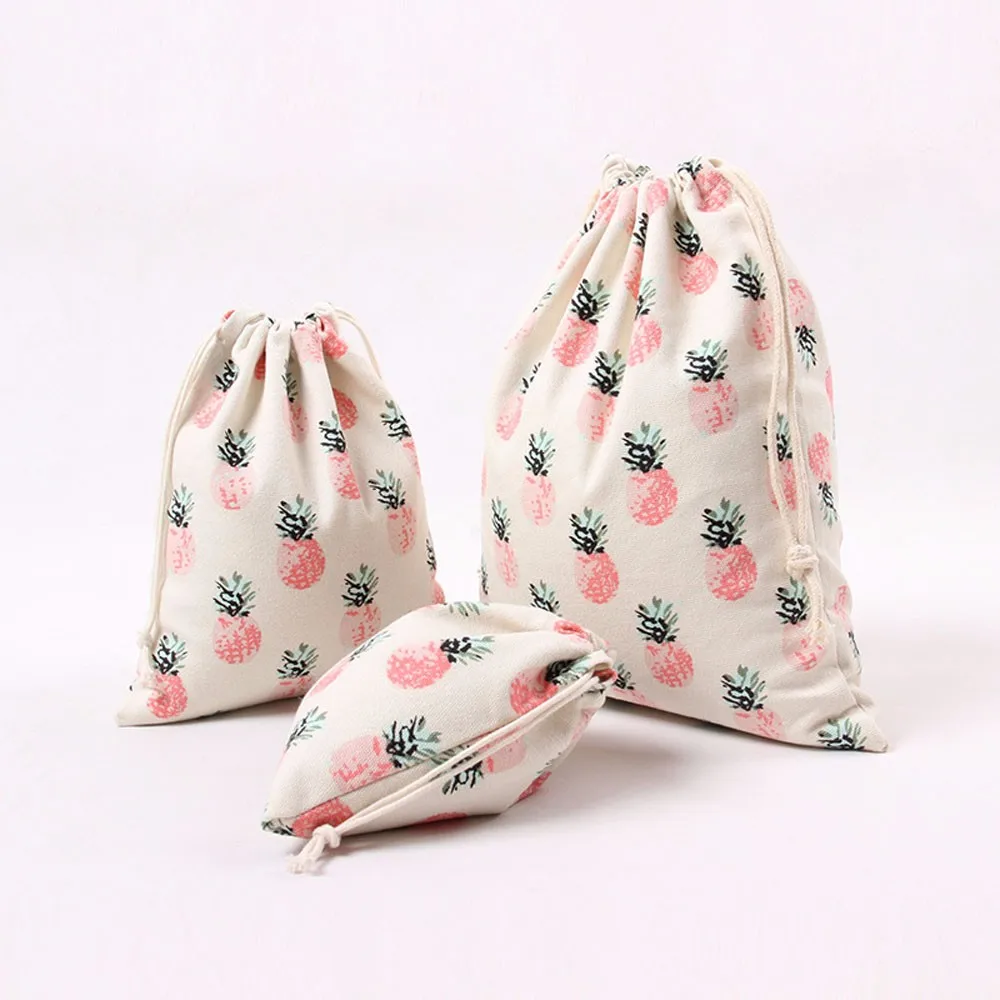 

3 Sizes Canvas Drawstring Bag Girls Cartoon Pineapple Printing Backpack Travel Home Storage Bags Strings Package Small Bag