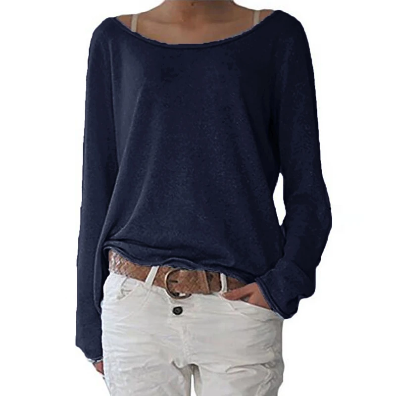Zanzea футболка Женская Весенняя Топ женская футболка с круглым вырезом и длинным рукавом Повседневные футболки топы однотонные трикотажные блузы размера плюс S-2XL - Цвет: Dark Blue