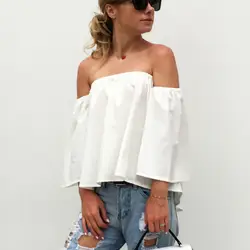 2019 летняя шифоновая блузка для женщин, однотонные Женские топы с открытыми плечами, Белый Топ, сексуальный модный Свободный рукав