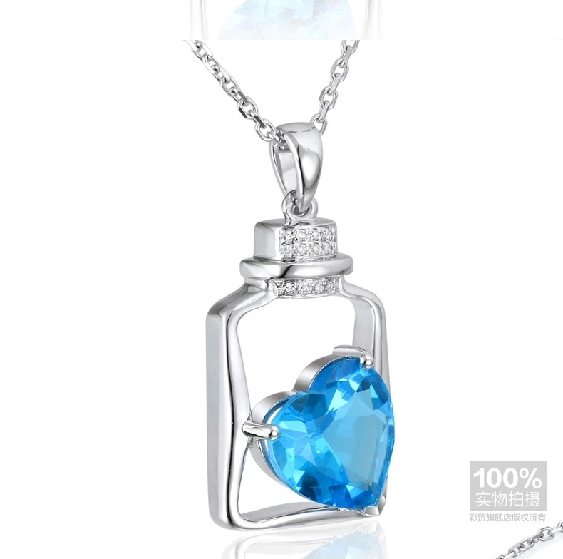CaiMao 18KT/750 White Gold 3.83 ct Natural IF Blue Topaz & 0.05 ct Full Cut Diamond Engagement Gemstone Pendant Jewelry