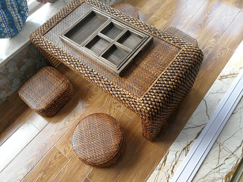 Hand Weave Japanese Tatami Floor Coffee Tables Rattan Wicker Tea Home Living Room Furniture Window Table Indoor Japan Chess Desk