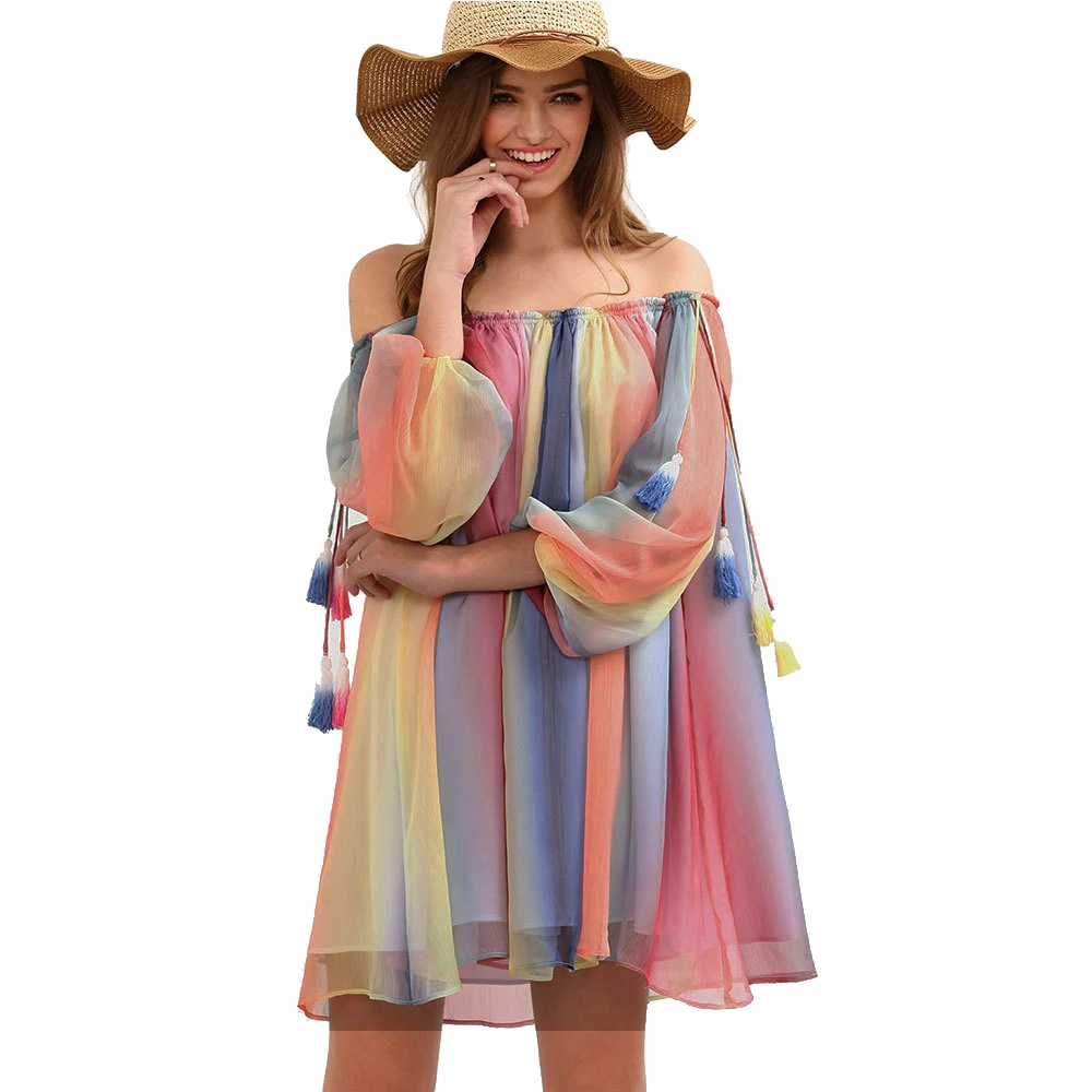 

Off shoulder Slash Neck Sexy Beach Casual Summer Dresses Lantern Sleeve Multicolor Print Shift Loose Mini Chiffon Women's Dress
