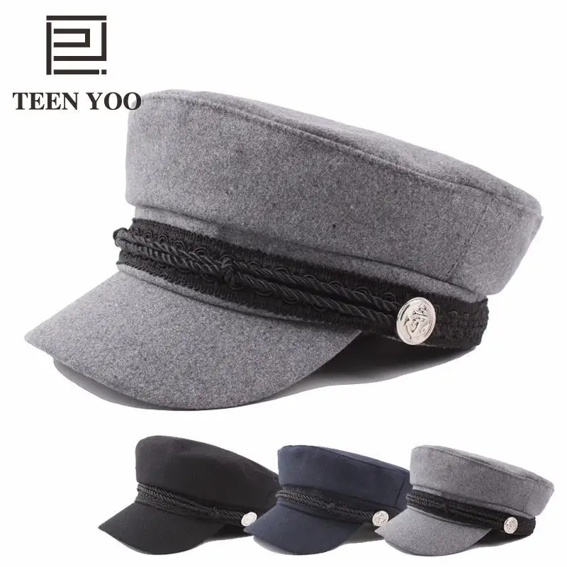 Осенне-зимняя шапка Militar, шерстяная, на пуговицах, с веревкой, унисекс, для взрослых, винтажная, военная шапка для мужчин, женщин, студентов, темно-синие Шапки, армейские береты Teenyoo
