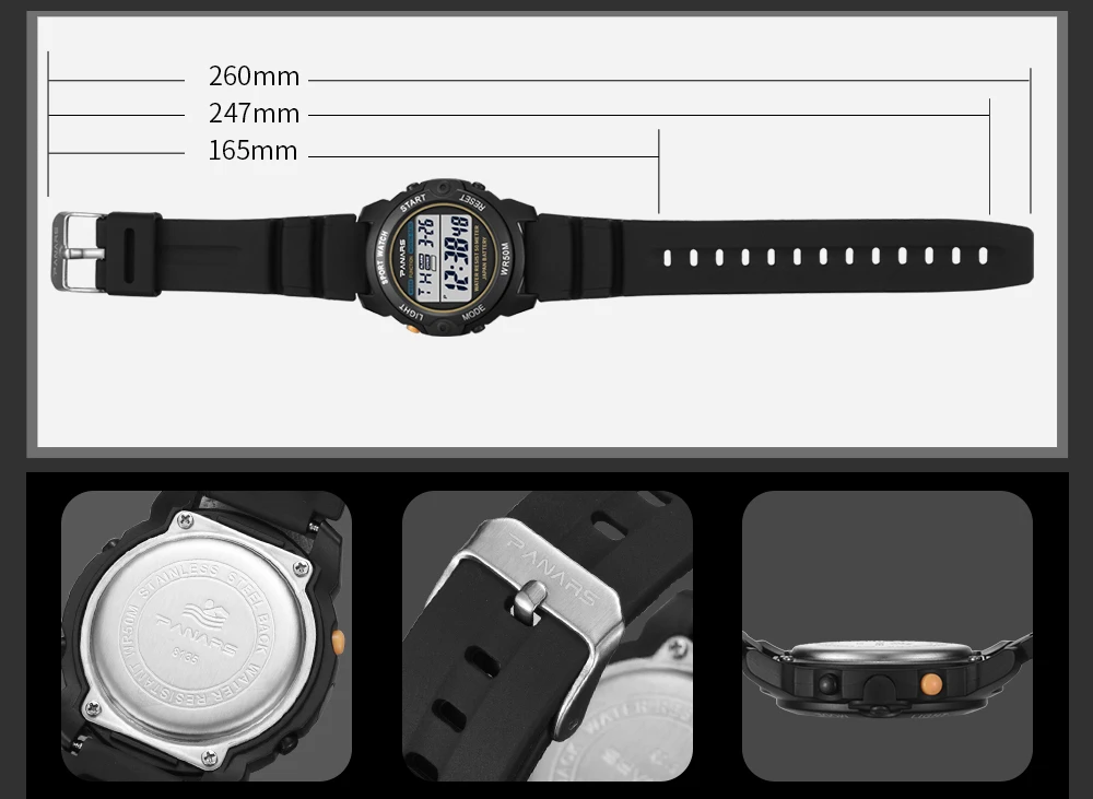 PANARS Outdoor Sports Watch Digital Watches Mens Waterproof Alarm Clock 5Bar LED Black Fashion Watch Mens Chronograph Watch