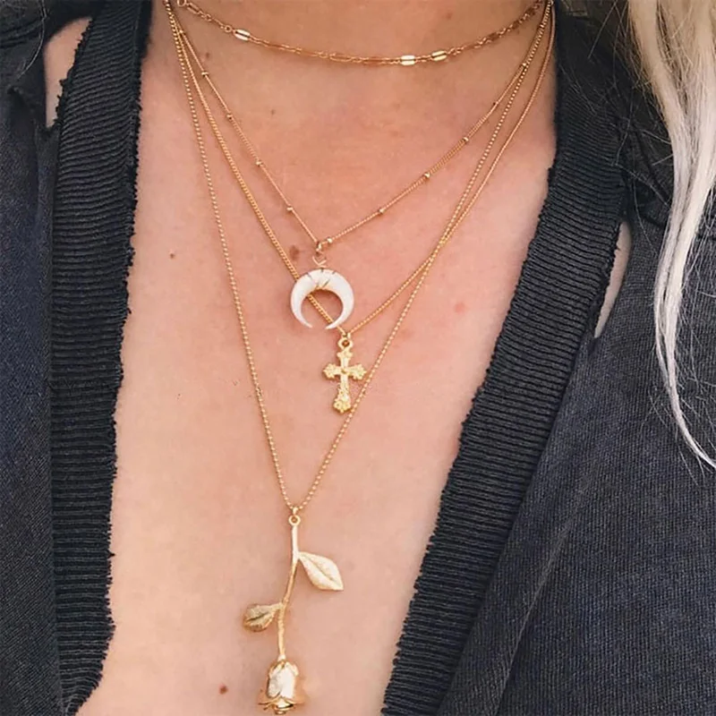

Solememo Vintage Moon Cross Rose Multilayer Pendant Necklace Ethnic Statement Chain Choker Necklace Boho Jewelry For Women N6731