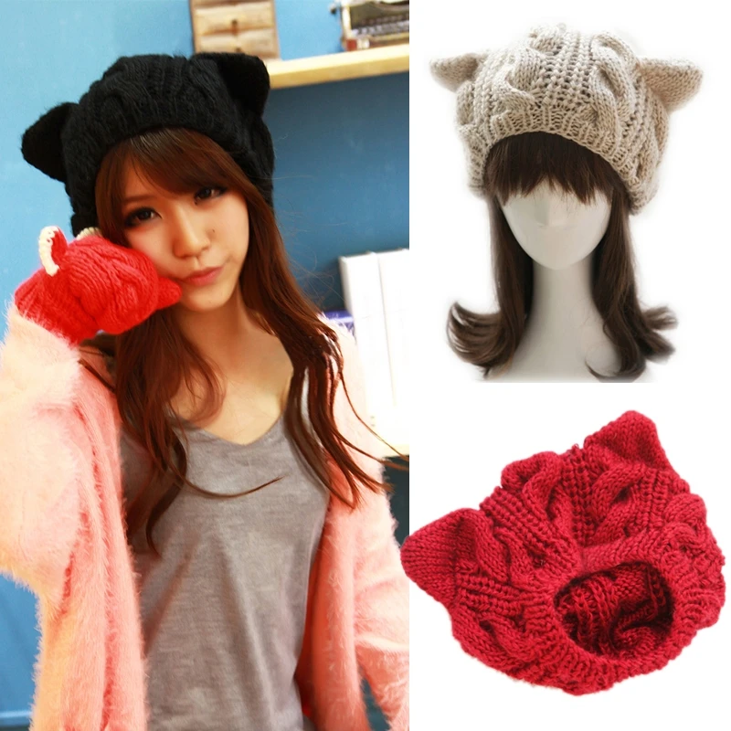 

Fashion Lady Girls Winter Warm Knitting Wool Cat Ear Beanie Ski Hat Cap TY53