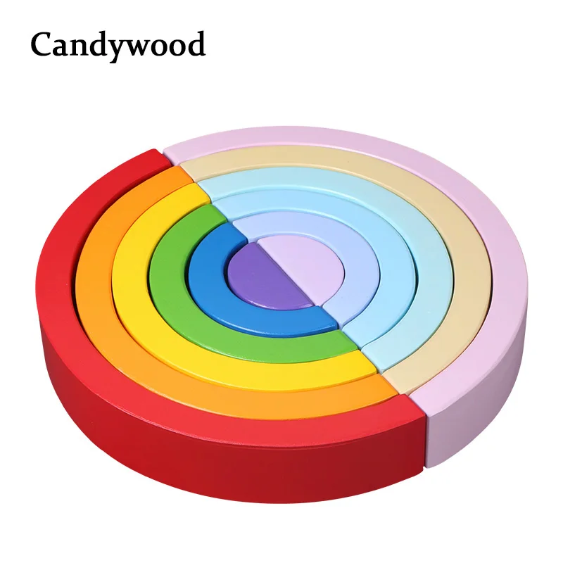 

2019 New Colorful Wood Rainbow Building Blocks Toys Creative Assembling Wooden Blocks Circle Set Educational Toys for Children