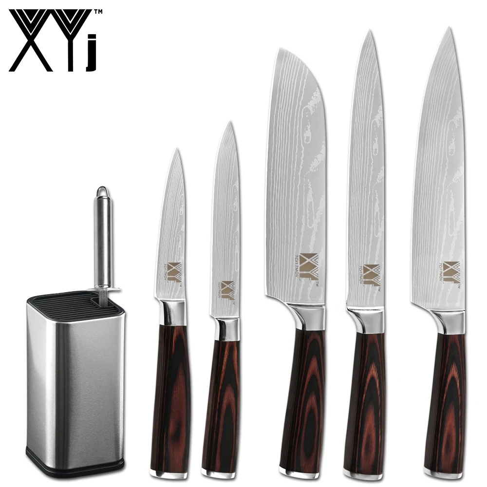 

XYj Damascus Pattern Stainless Steel Knife 7CR17 Color Wood Handle Chef Knife Stand Sharpener Bar Sharpening Tools Accessory