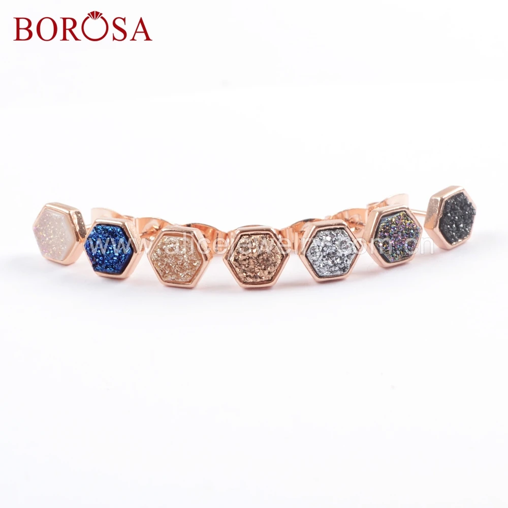 

BOROSA 5Pairs Hexagon Rose Gold Color Titanium Rainbow Druzy Stud Earrings Electroplated Natural Drusy Earring Jewelry ZR0275