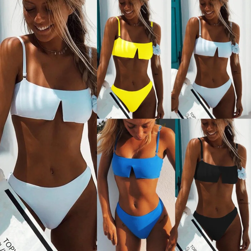 

New Solid Color Bikini 2018 Bandeau Biquini High Waist Bathing Suit Sexy Women Swimwear Summer Beachwear maillot de bain femme