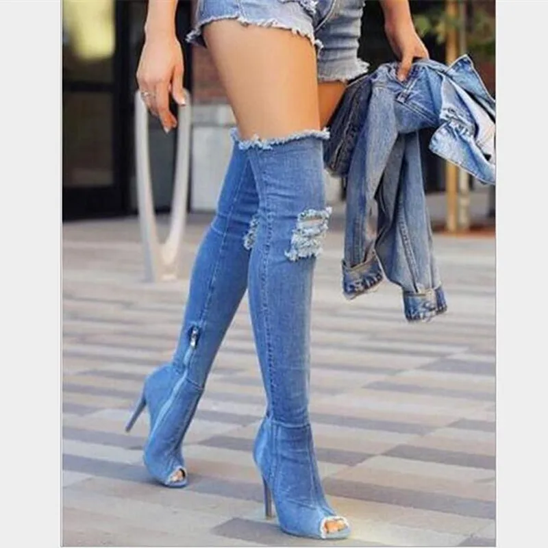 JINJOE High stretch pump Denim Over The Knee Boots Shoes Woman Thigh High heel Ripped Distressed Denim Jeans Open Peep Toe Heels
