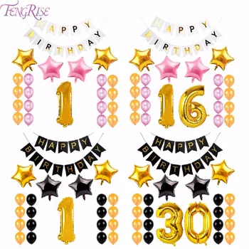 

FENGRISE Customized Happy Birthday Banner Gold Number Balloons Paper Black Banner Birthday Party Decorations Boy Kids Supplies