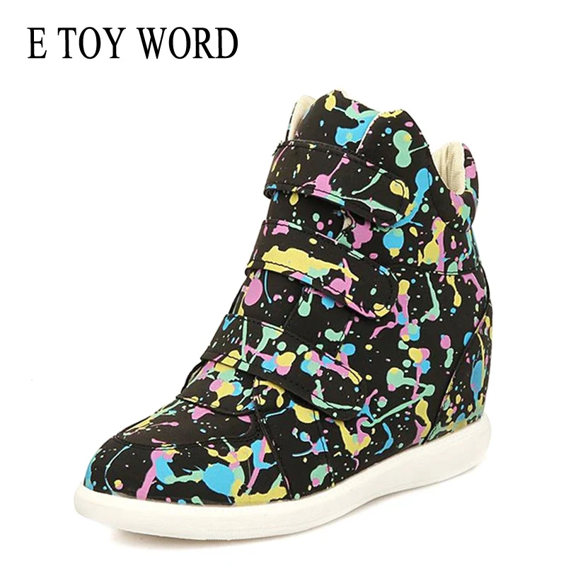 

E TOY WORD height increasing sneakers hook & loop Spring womens casual shoes breathable graffiti Shoes women Tenis Feminino