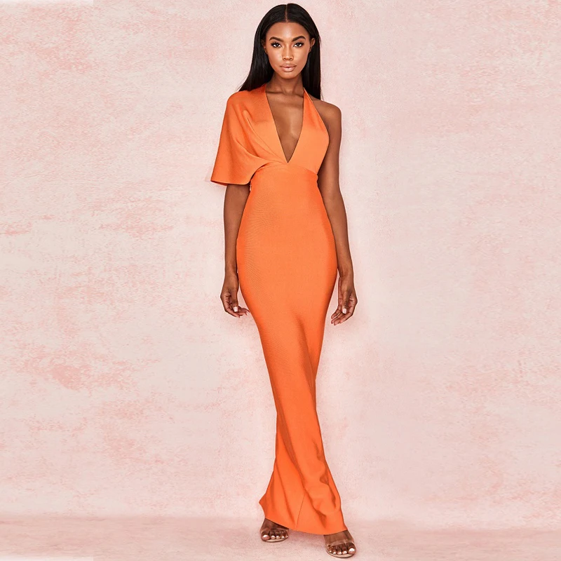 Элегантный Модный дизайн оранжевый сексуальный выдалбливают V шеи Бандажное Платье женское знаменитое длинное облегающее платье вечерние платья оптом