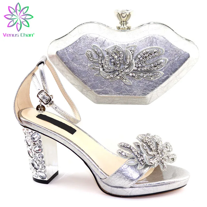 

Fashion Italian Low Heels Shoes And Bag Set For Wedding African Ladies PU Leather Shoe And HandBag Set Decorated With rhinestone