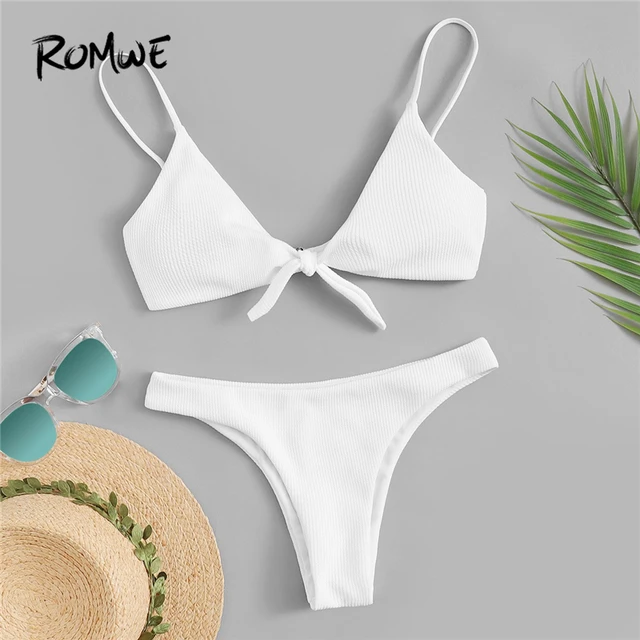 {Excellent|Wonderfull|Very Good|Very Recommended} Romwe Sport White Solid Tie Front Ribbed Bikini Set Spaghetti Strap Knot Wireless Swimsuit Women Summer Beach Bathing Suits Limited Price