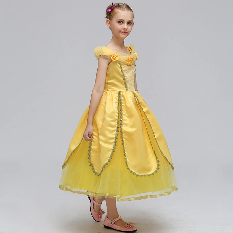 Cartoon Girls Belle Dress Kids Yellow Fancy Dress for Cosplay Costume Beauty Beast Ball Gown Kids Carnival Halloween Dresses (7)
