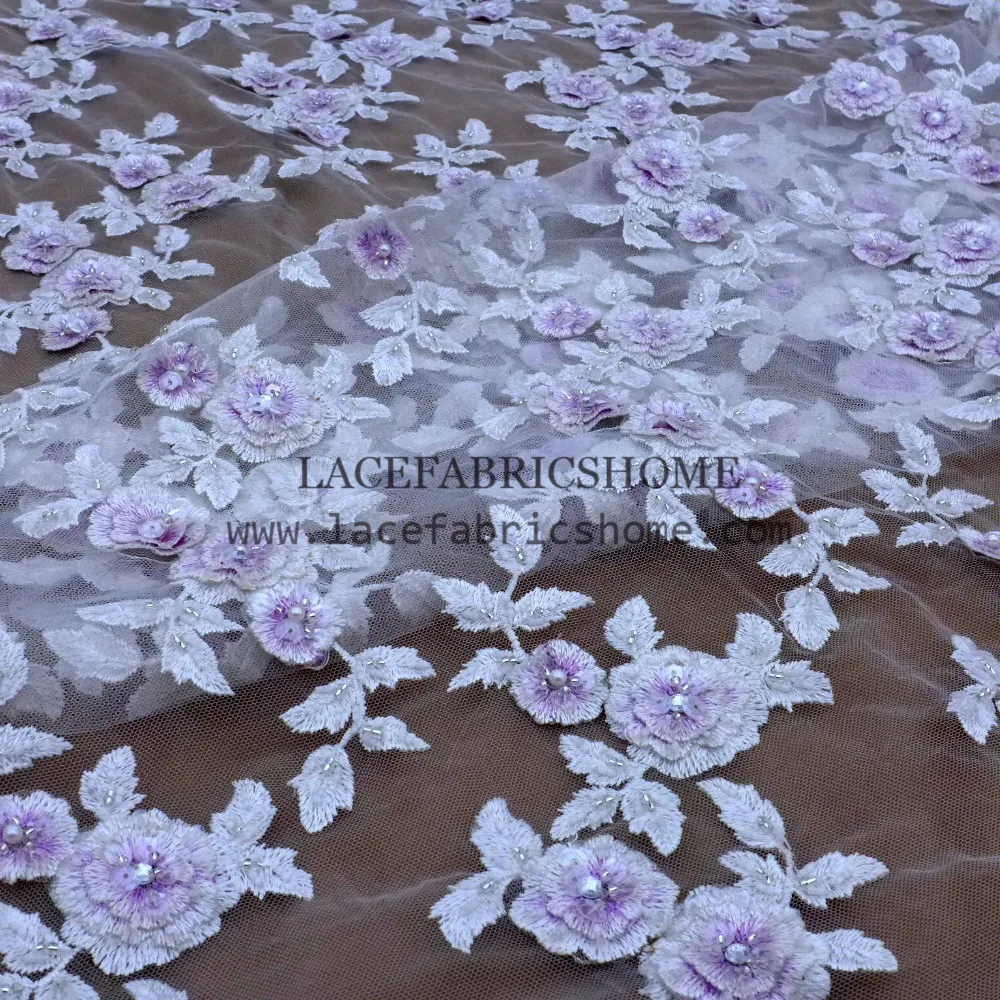 

New fashion purple mixed white 3D pearls embroidery flowers beaded on tulle wedding dress/stage dress lace fabric 130cm by yard