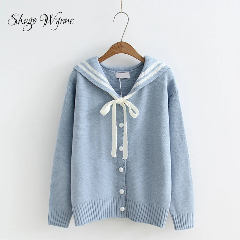 

Shugo Wynne 2019 Autumn Winter New Women Cute Japanese Style Sailor Collar Lacing Long Sleeve Sweater Casual Knit Cardigan Coat