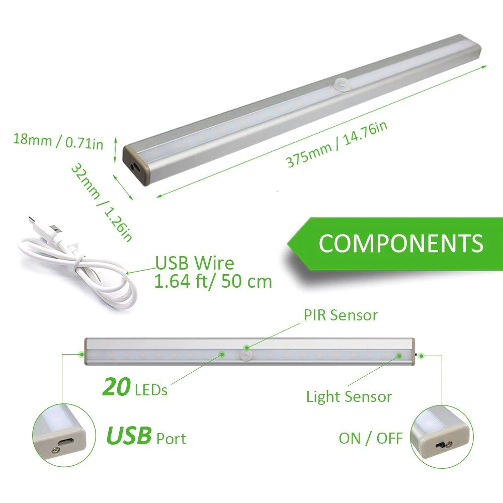 Потолочный светильник для шкафа с инфракрасным датчиком движения, 20 светодиодов, ночные лампы, заряжаемый через USB, светильник для лестницы, светильник для шкафа