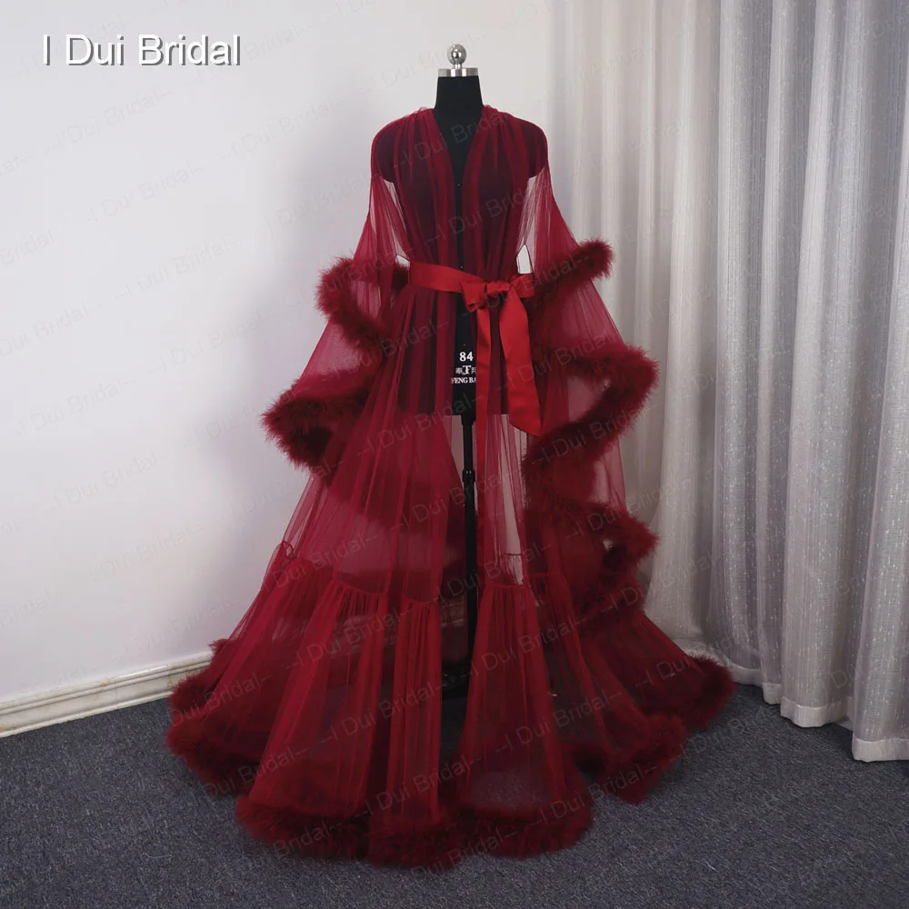 Burgundy Feather Robe Boudoir Tulle Illusion Bridal Robe Long Gift for Bride Homecoming Party Dress
