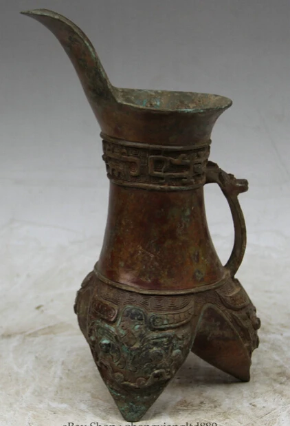 

JP S62 10" Old Chinese Bronze Folk 3 Foot word Beast handle vessel Vase goblet cup