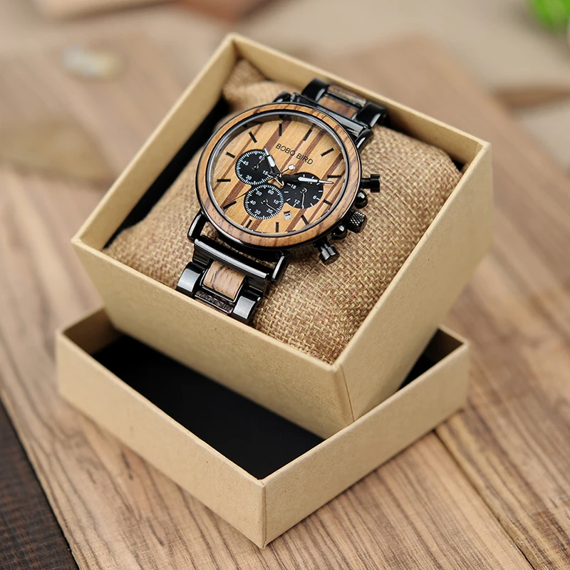 BOBO BIRD деревянные мужские часы Секундомер с деревянным и ремешком из нержавеющей стали OEM стильные элегантные часы Montre Homme K-P09-1