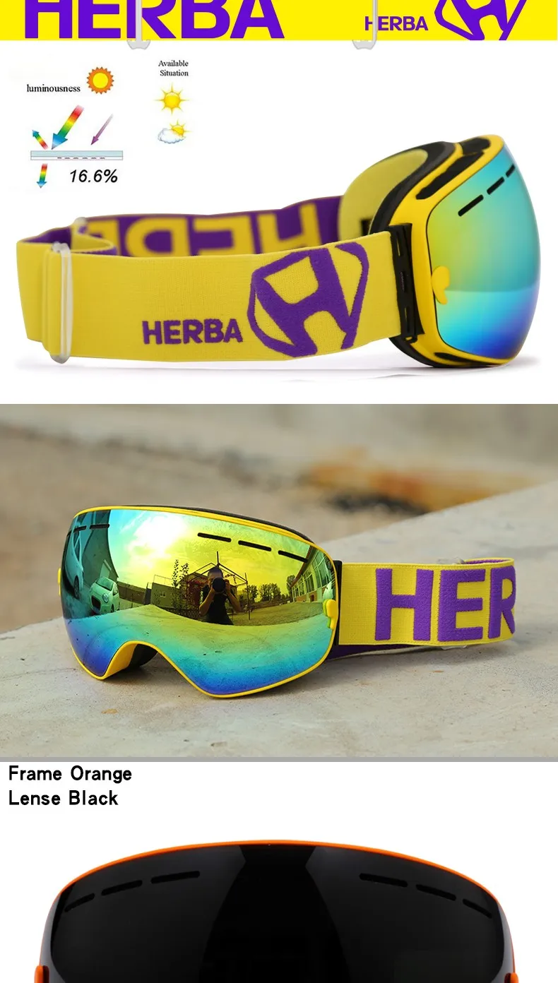 New HERBA brand ski goggles Ski Goggles Double Lens UV400 Anti-fog Adult Snowboard Skiing Glasses Women Men Snow Eyewear 33
