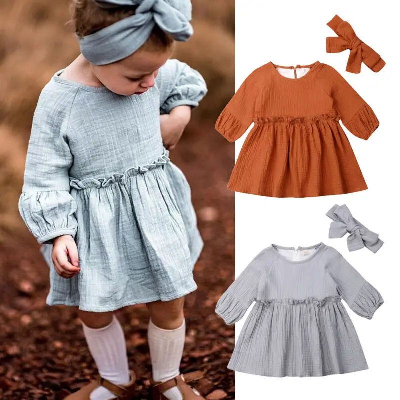 

PUDCOCO Toddler Girl Baby Dress Solid Long Sleeve Princess Party Pageant Dresses Kids Sundress Cotton Linen Clothes 2PCS 1-4T