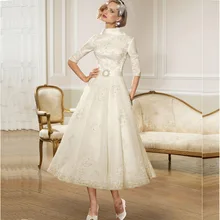 Vestido de noiva curto, Короткое свадебное платье с высокой горловиной и аппликацией, короткий рукав, длина по щиколотку, ТРАПЕЦИЕВИДНОЕ свадебное платье, платье для свадьбы