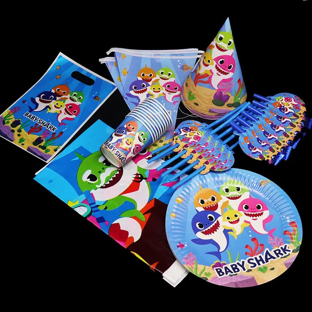 

2019 Shark BABY Baby Festival Party Tablecloth Paper Cup Tray Flag Set
