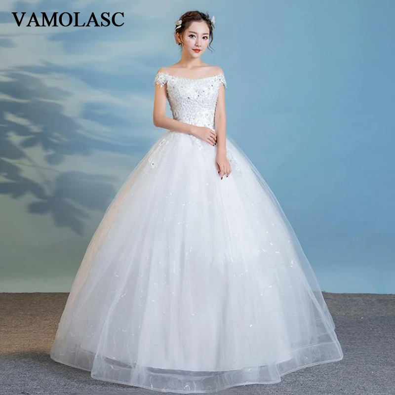 

VAMOLASC Crystal Boat Neck Ball Gown Lace Flowers Appliques Wedding Dresses Off The Shoulder Backless Bridal Gowns