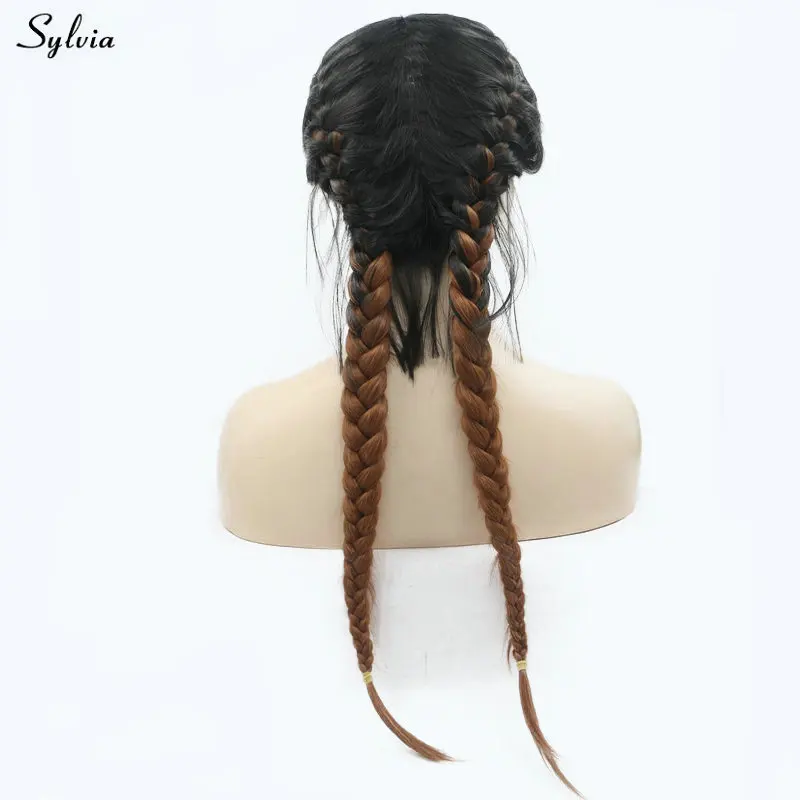 

Sylvia Natural 2x Twist Braids Wig Black Ombre Brown Two Colors Long Synthetic Lace Front Wigs with Baby Hair Heat Resistant 24"