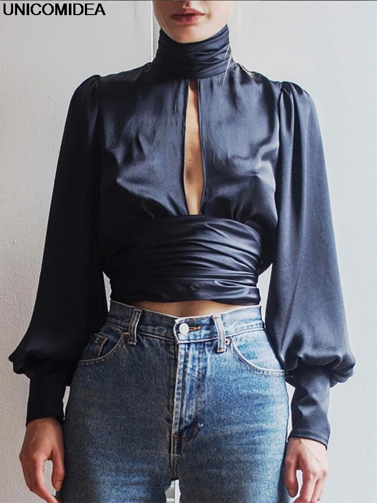 

Backless Bowtie Tutleneck Ladies Puff Sleeve Blouse Hollow Out Women Tops and Blouses Mujer Women Blouse Shirts Blusas Femininas